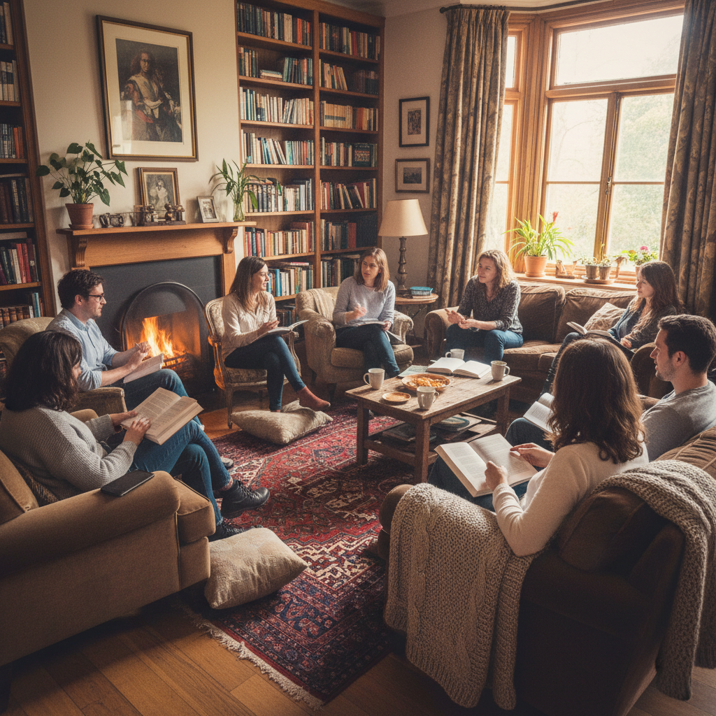 Cozy book club gathering with people sitting in circle discussing books in a warm room