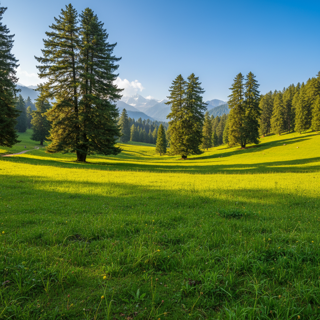 Baisaran meadow called Mini Switzerland with lush green grass and pine trees