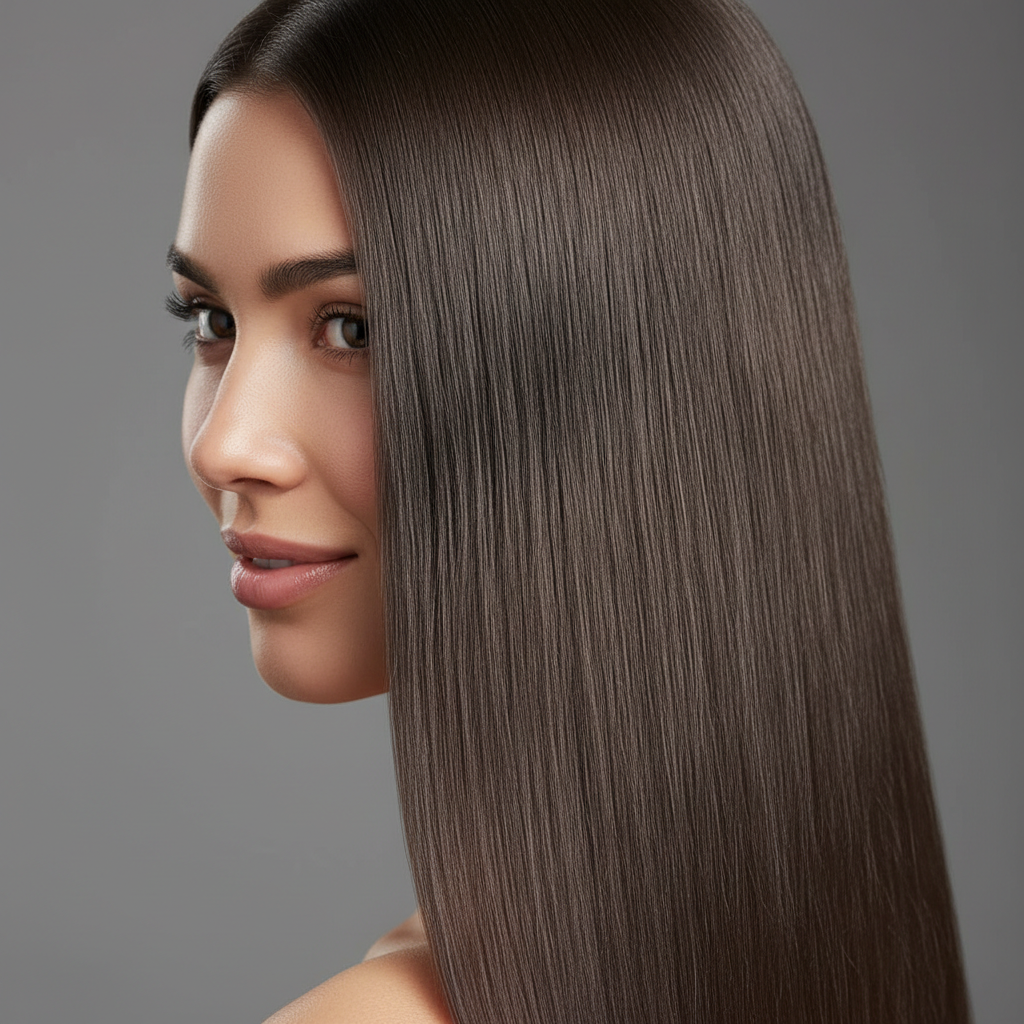 Client with glossy straight hair after Deep Repair treatment, studio lighting