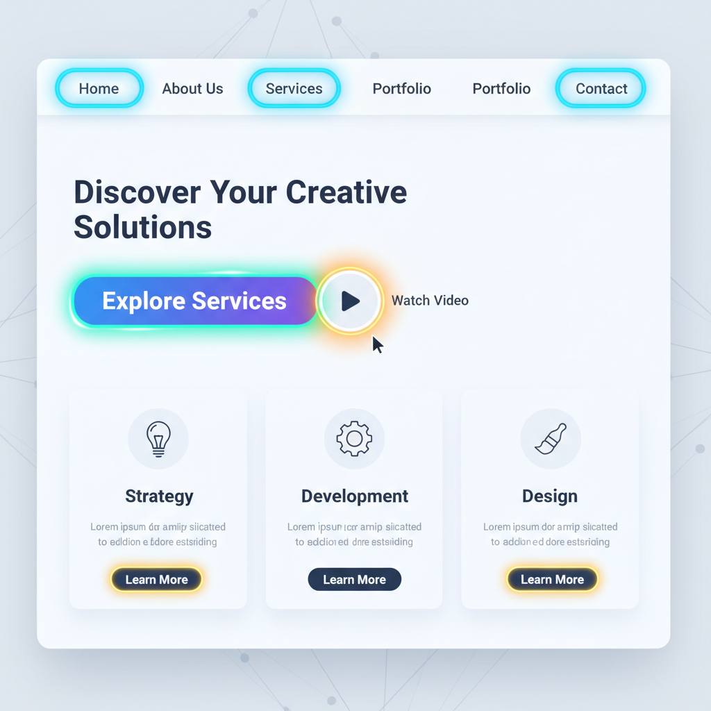 Modern local service business website layout with dark navy header, clean white service cards on light gray background, bright contact call-to-action section