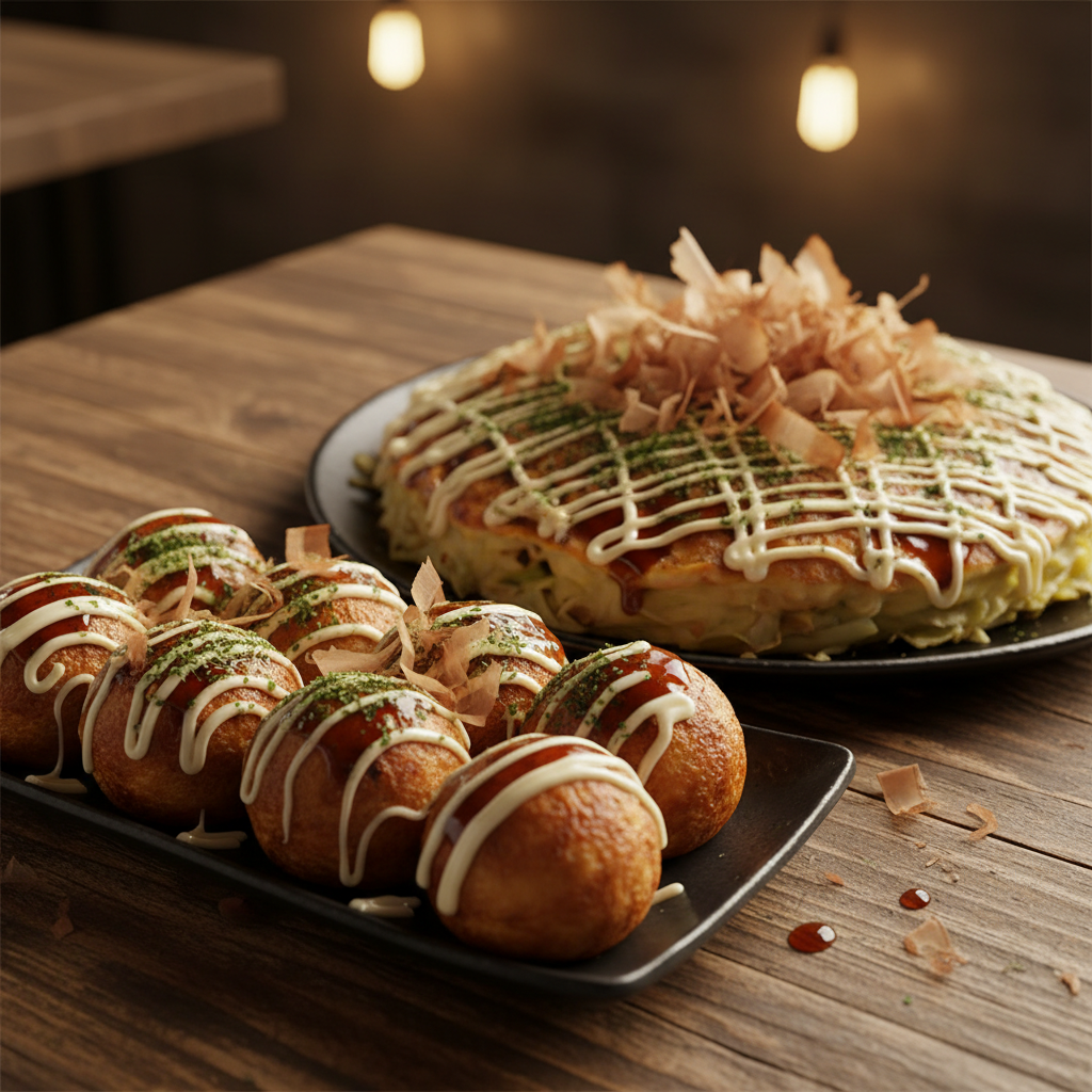Bonito flakes curling and dancing on a hot okonomiyaki