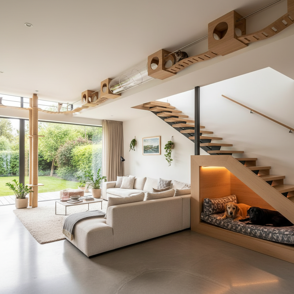 Open-plan living room with integrated cat highway near ceiling and built-in dog den beneath staircase