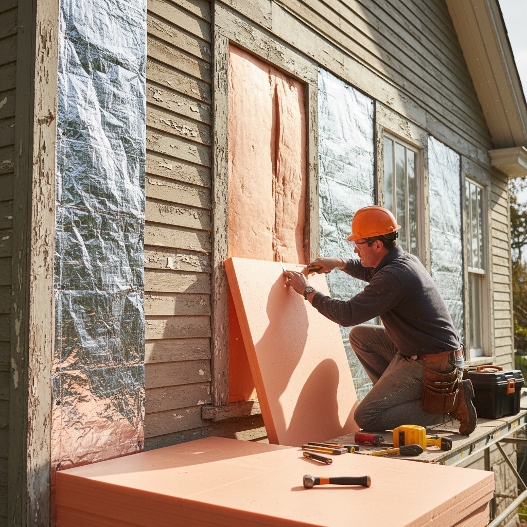 Contractor installing rigid board insulation on an exterior wall of a century home, showing precise board cuts and vapor barrier