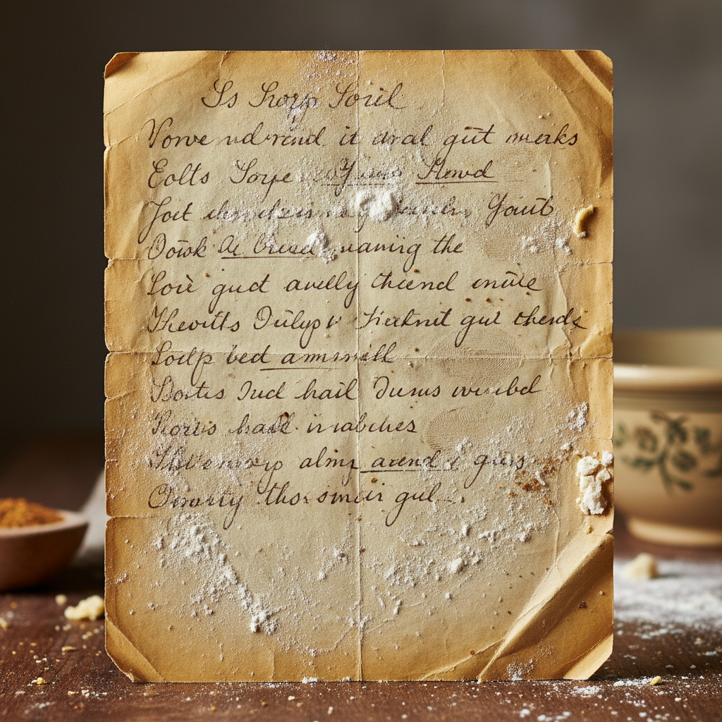 Handwritten recipe notes with flour smudges on aged paper