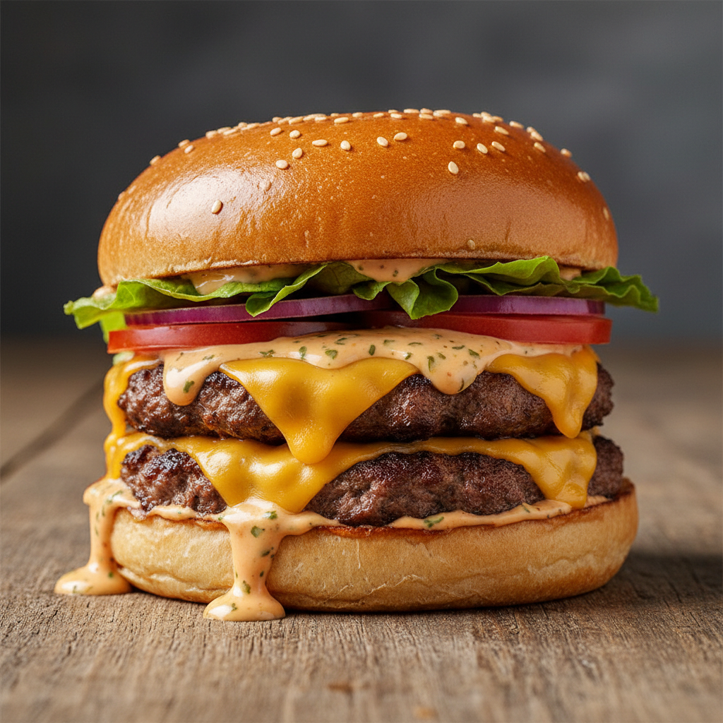 Double smash burger with melted cheese and special sauce on brioche bun, dark moody background
