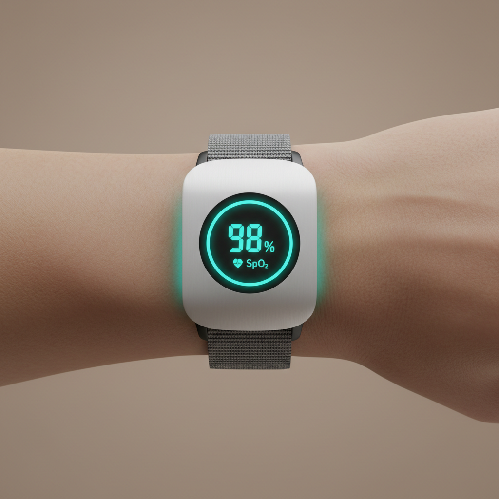 Close-up of medical wearable sensor on wrist showing teal LED sensor reading blood oxygen