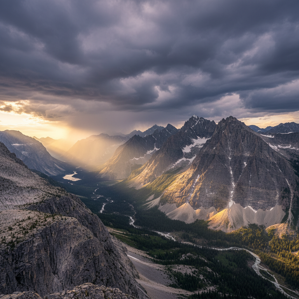 Sweeping mountain landscape campaign image with dramatic stormy sky and golden light