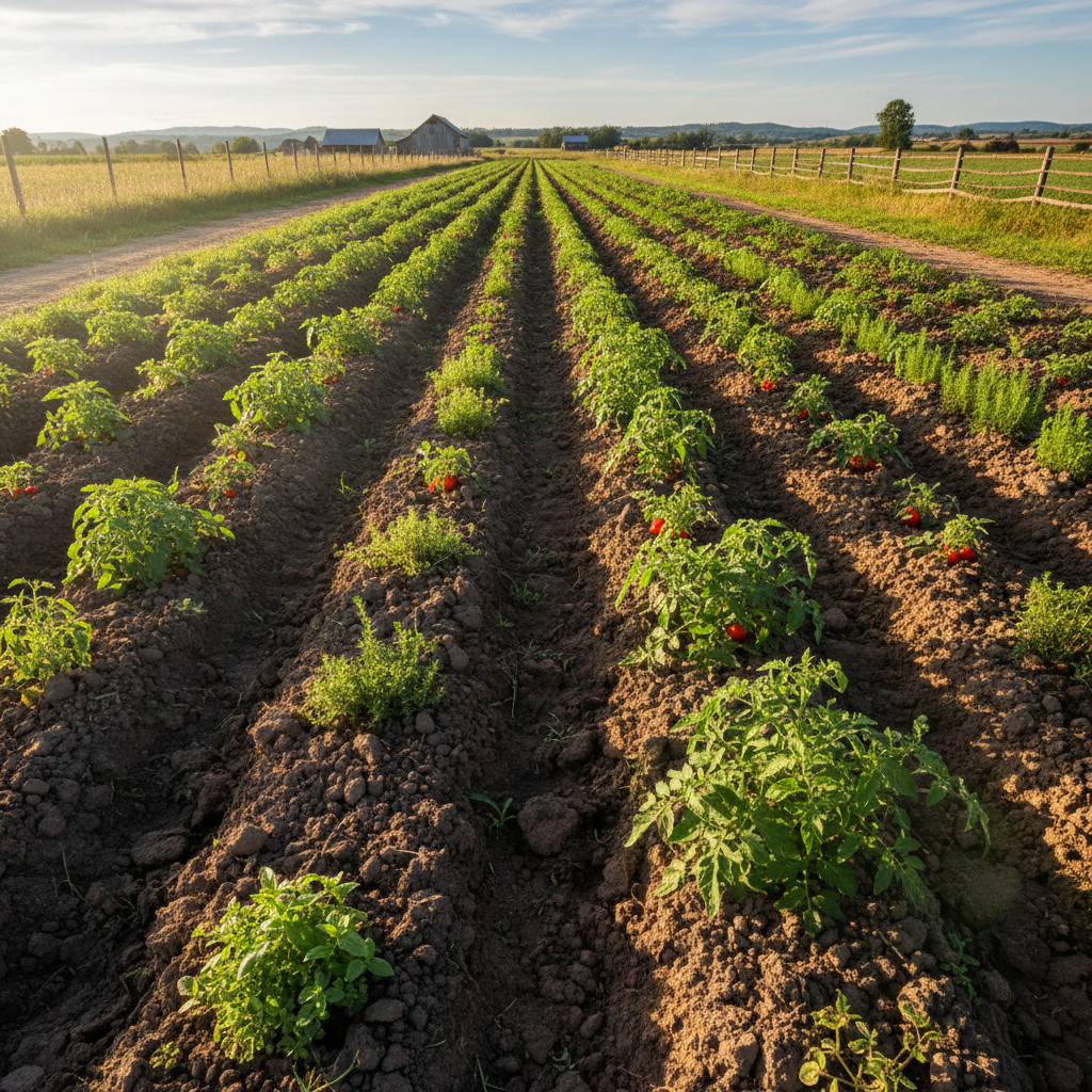 Rows of tomatoes and herbs growing at Redtail Farm in Petaluma, California, photographed still dirty from the field