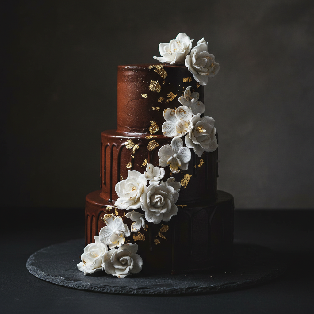 Layered chocolate praline tower with berry filling on dark slate, dramatic moody lighting