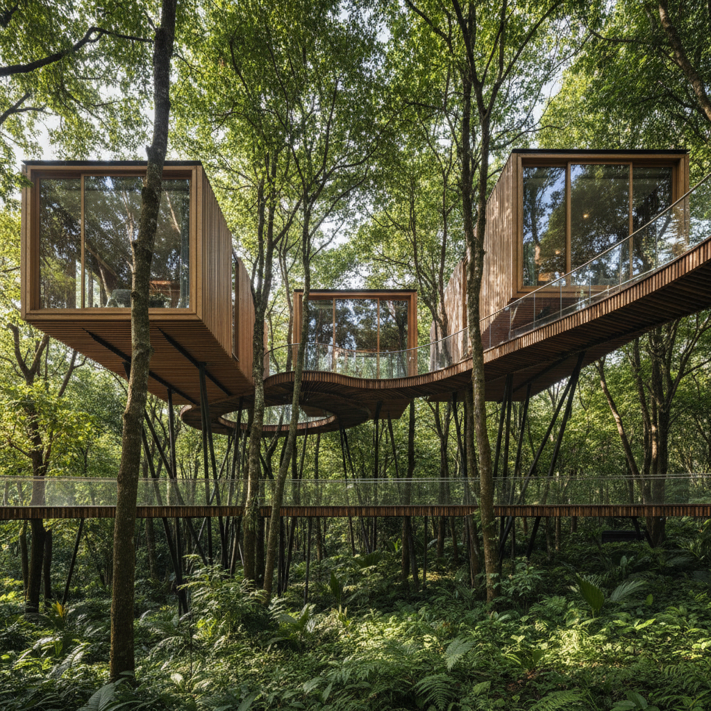 Unique treehouse accommodation surrounded by lush green forest canopy