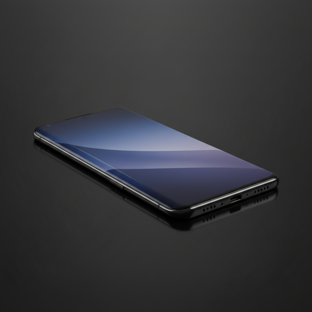Modern smartphone with edge-to-edge display, dark moody background, minimal studio lighting