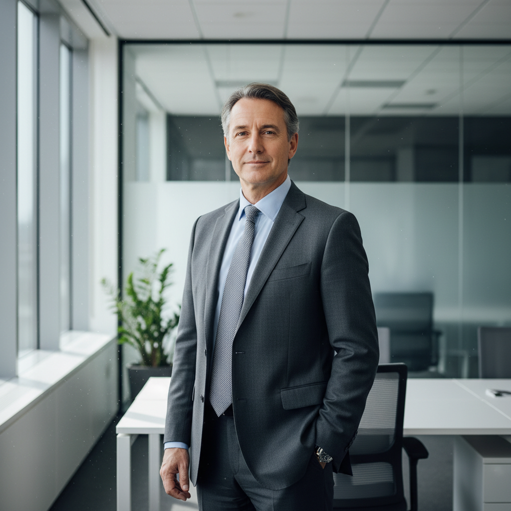 James Carter professional man in suit, clean modern office, confident expression