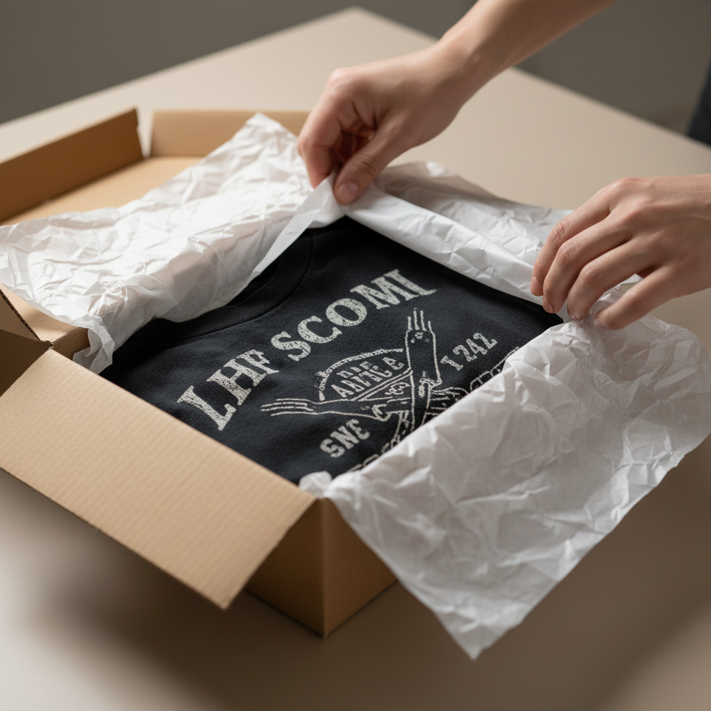 Hands carefully unfolding tissue paper revealing faded black band tee inside cardboard box