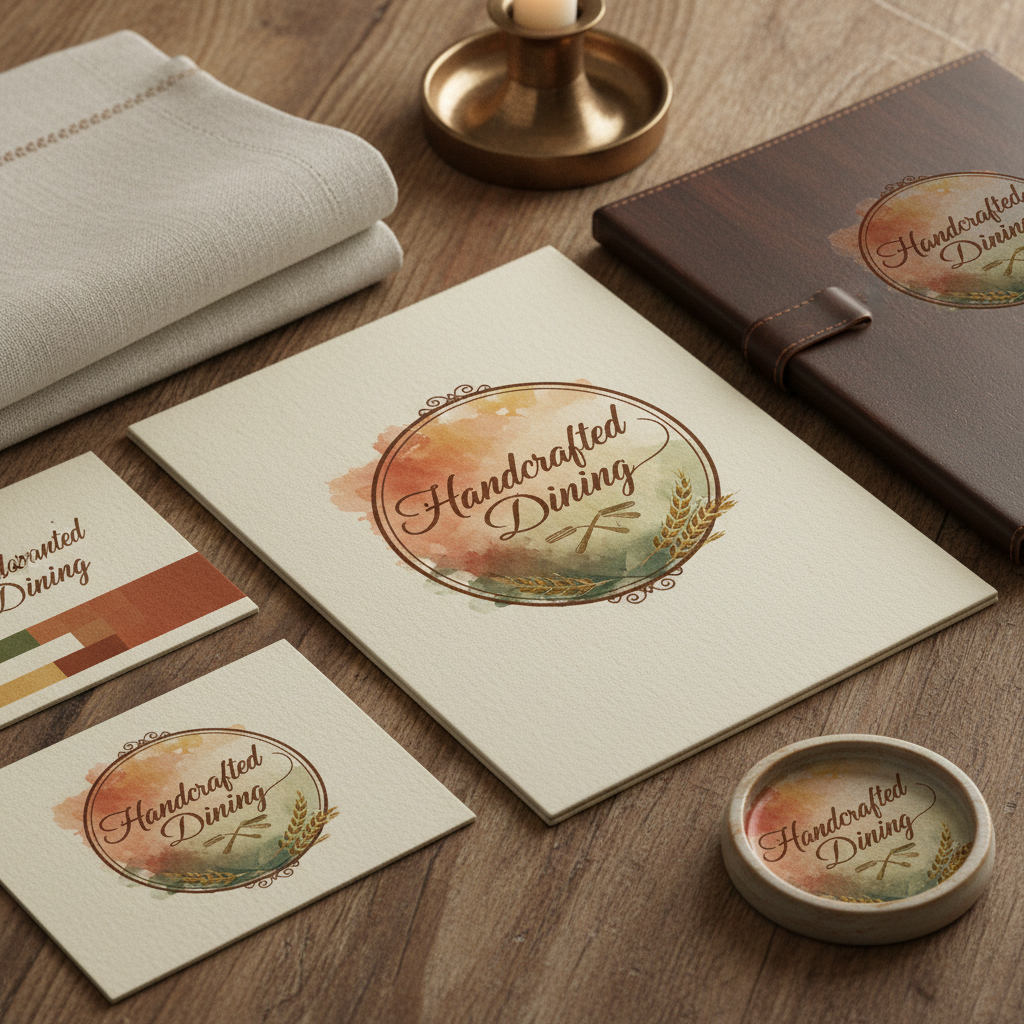 Restaurant menu design and table materials, warm food photography, elegant layout