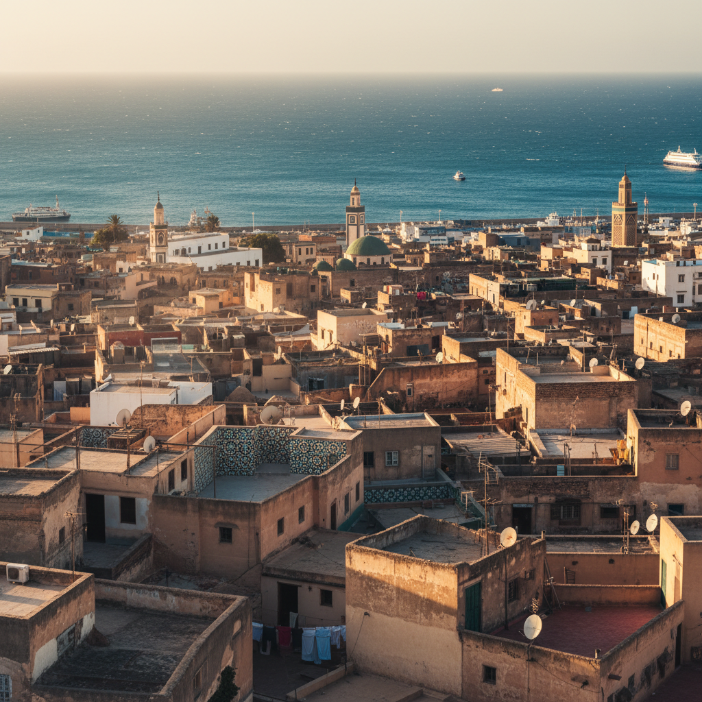 Tangier medina golden hour — warm light over ancient Moroccan architecture and blue sea in background