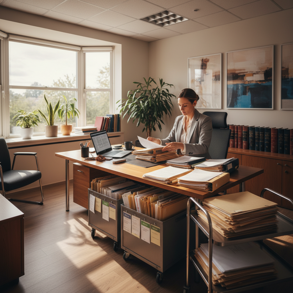Paralegal working on legal documents with computer and organized files