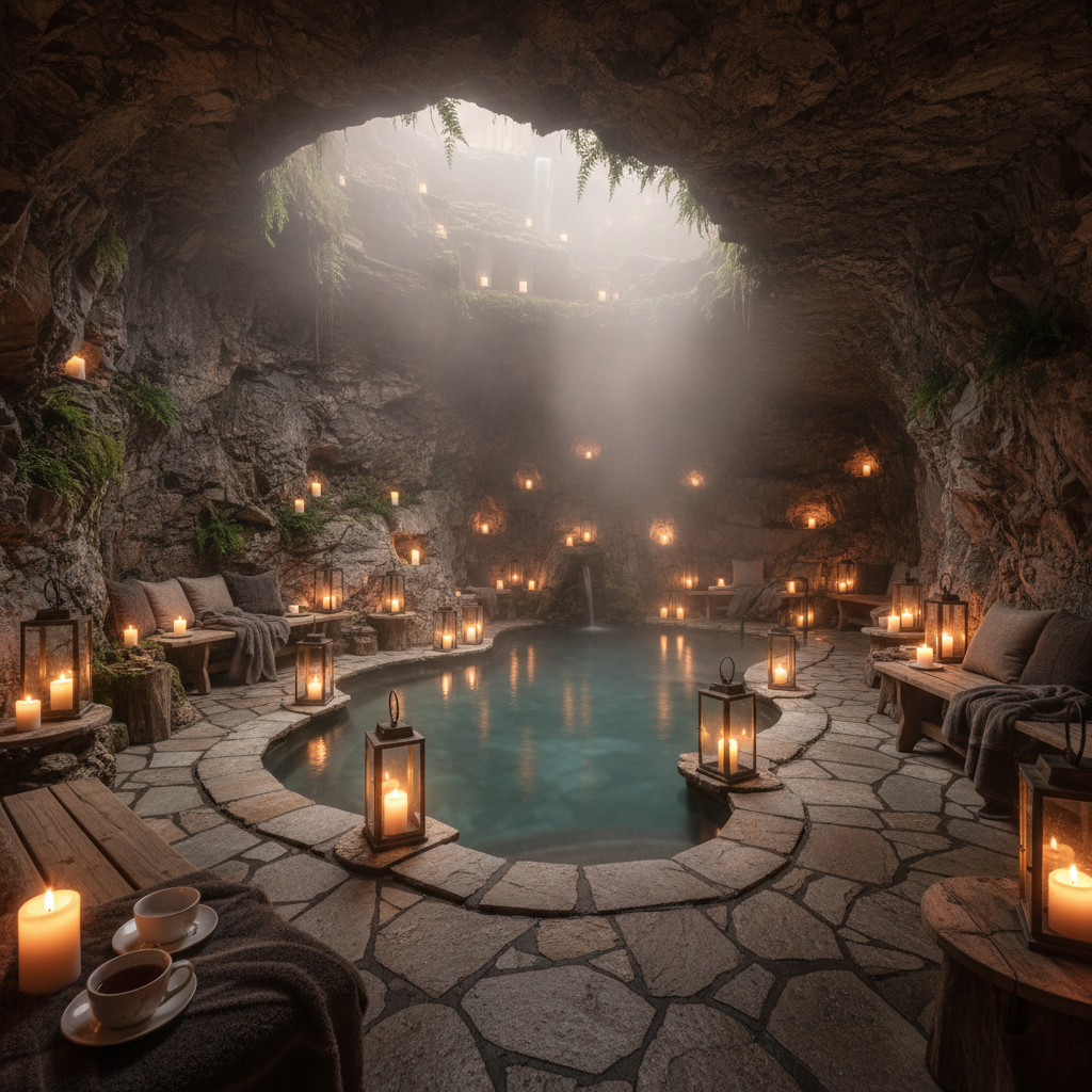Thermal mineral pool with soft candlelight, dark stone, steam rising, luxury spa