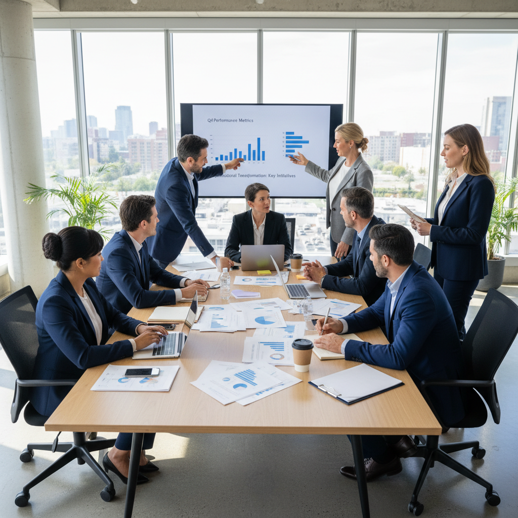 Business team collaborating on a transformation roadmap with sustainability goals and change management strategies