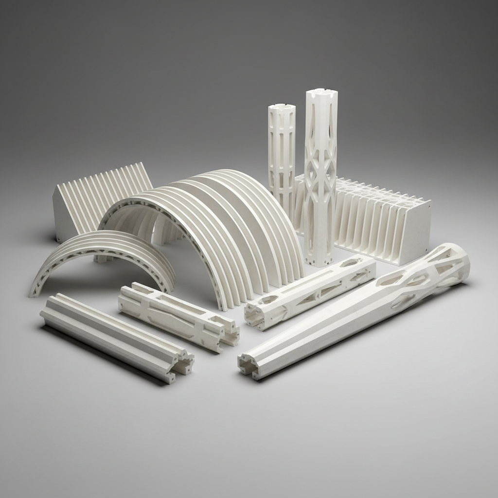 Custom fiberglass fabrication workshop with large architectural elements in production, industrial setting with overhead lighting, dark steel environment