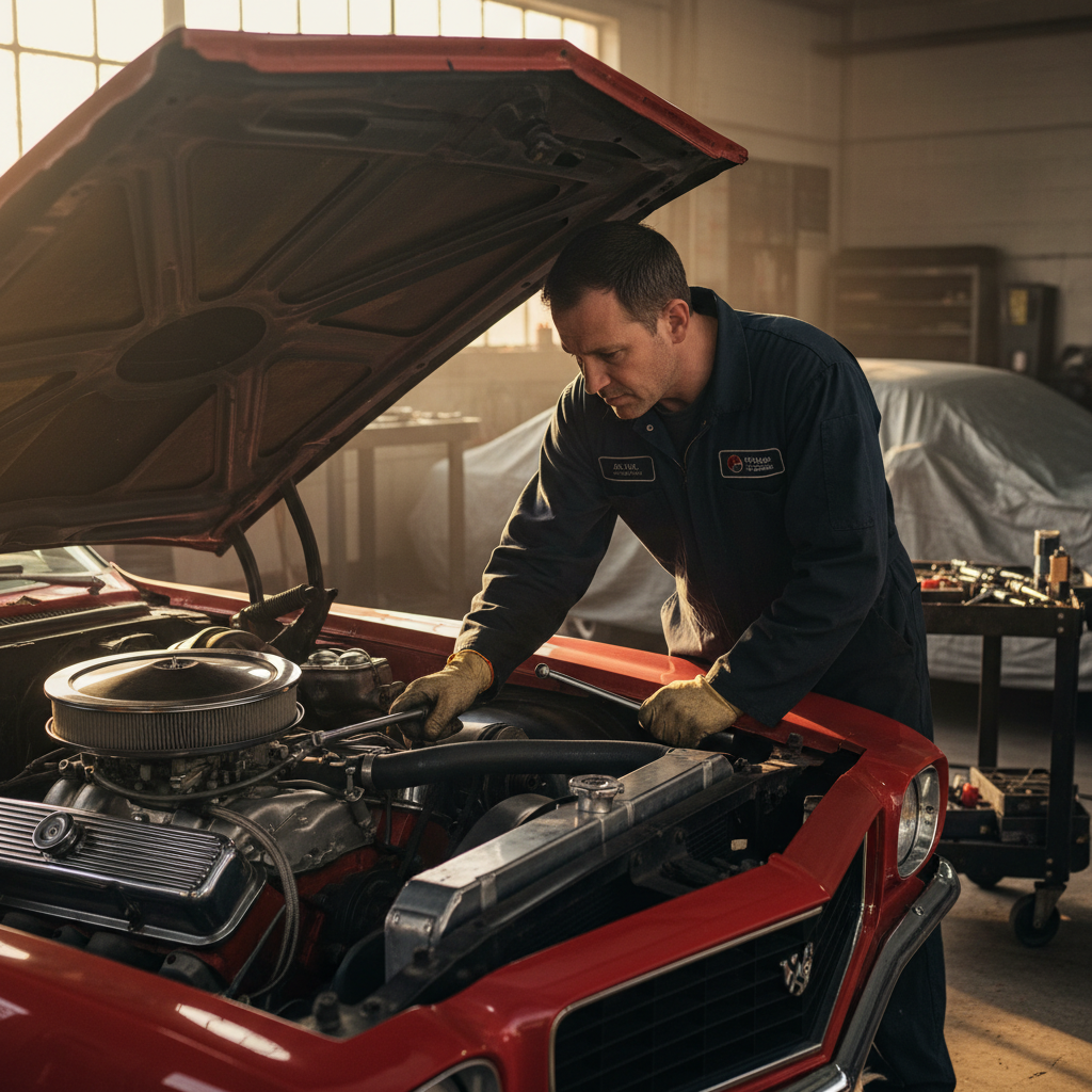 Torque technician in navy jumpsuit leaning into open car hood with golden afternoon light cutting across the shop floor