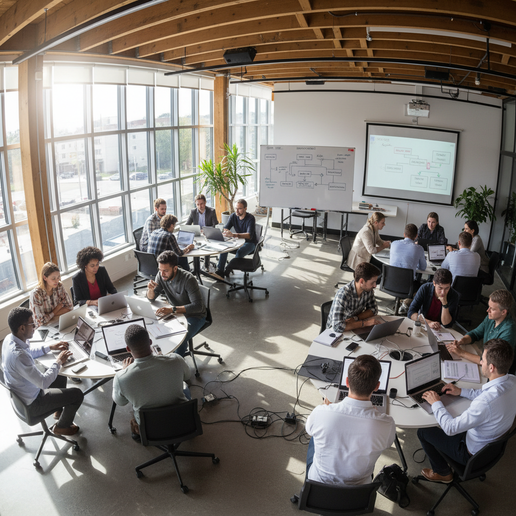 Archway team collaborating in a bright San Francisco office, people working at laptops around a table