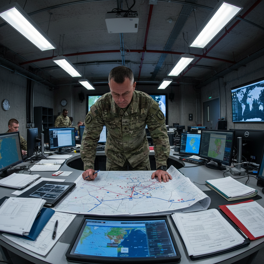 Military officer reviewing strategic plans at a command table