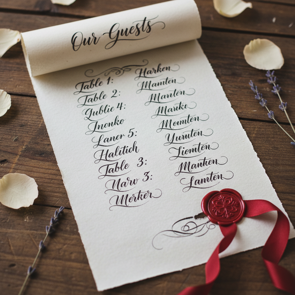Hand-calligraphed seating chart on rice paper with red wax seal
