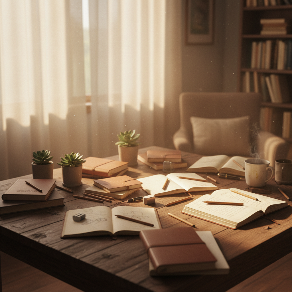 Open books on library table, soft natural light from windows, warm wood tones, peaceful study environment