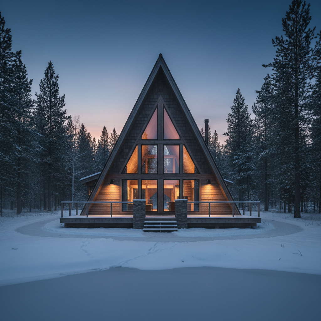 Symmetrical A-frame cabin exterior at twilight, roofline forming a sharp triangle against deep blue sky