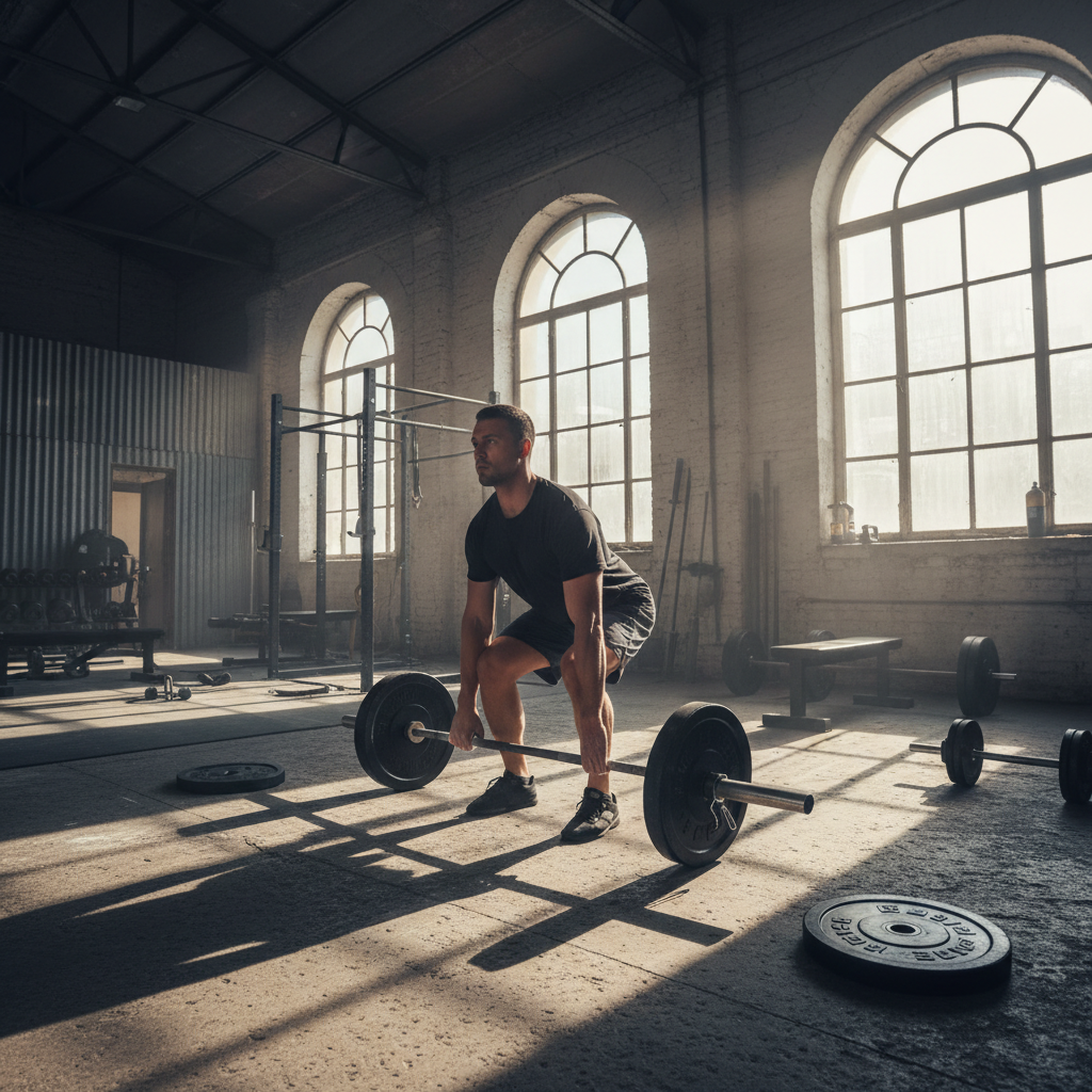 Powerlifter training at Power Muscle Fitness, dark gym atmosphere, strength training