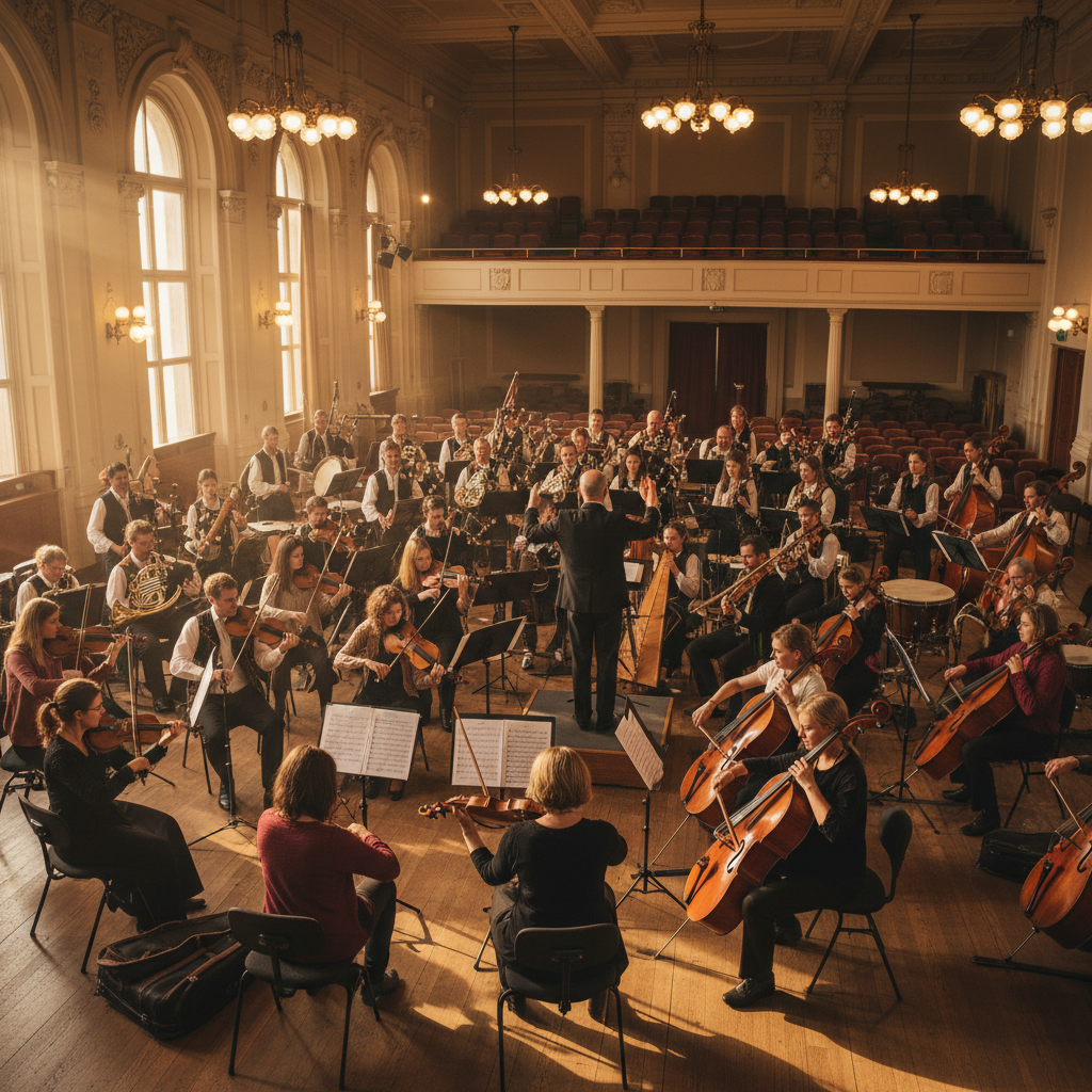 Youth orchestra rehearsing, bright rehearsal hall, natural light through large windows