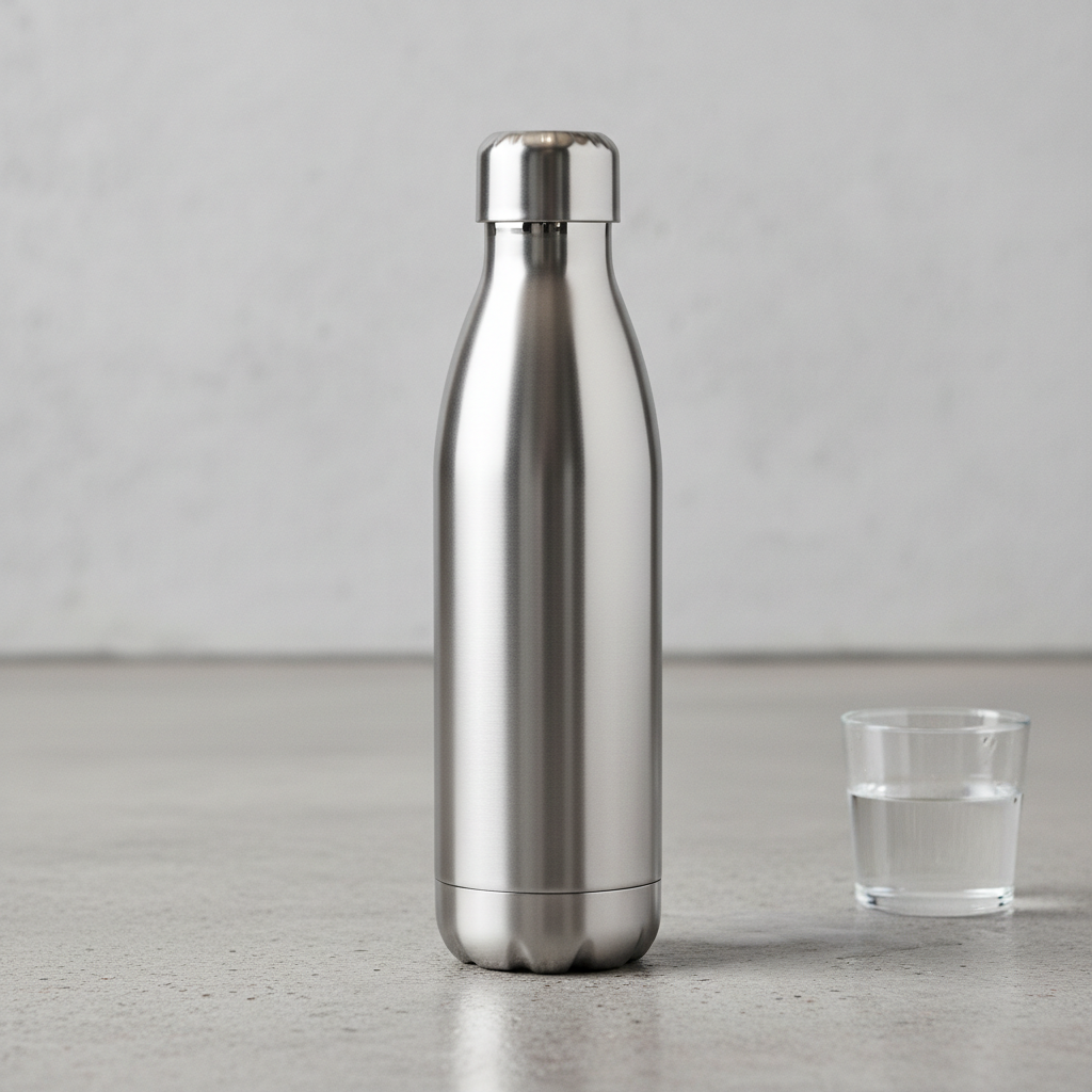 Stainless steel water bottle on concrete floor after drop test showing no dents or damage