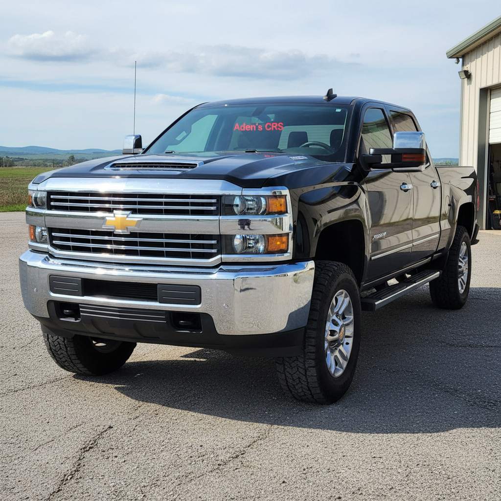 Large commercial work truck parked outdoors on a clear day, showing heavy-duty tires and rugged construction