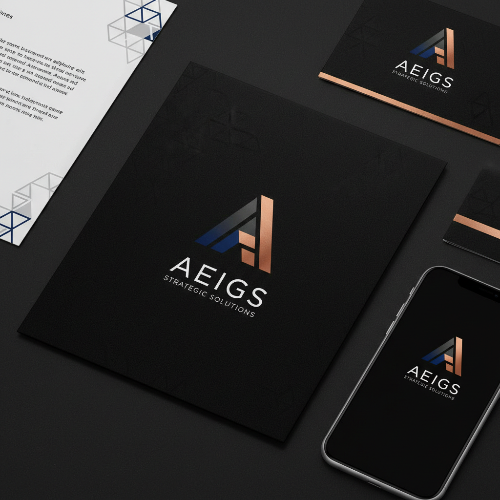 Dark branding mockup with geometric shapes and minimal design elements on black background
