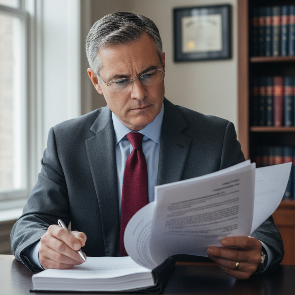 Male attorney in professional attire examining documents with focused expression