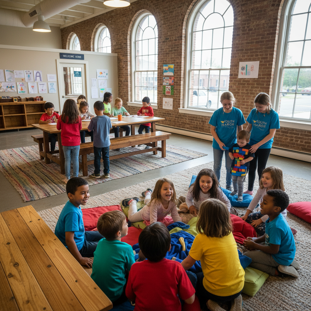 Cheerful early learning room with colorful rugs, low shelves filled with toys, and large bright windows