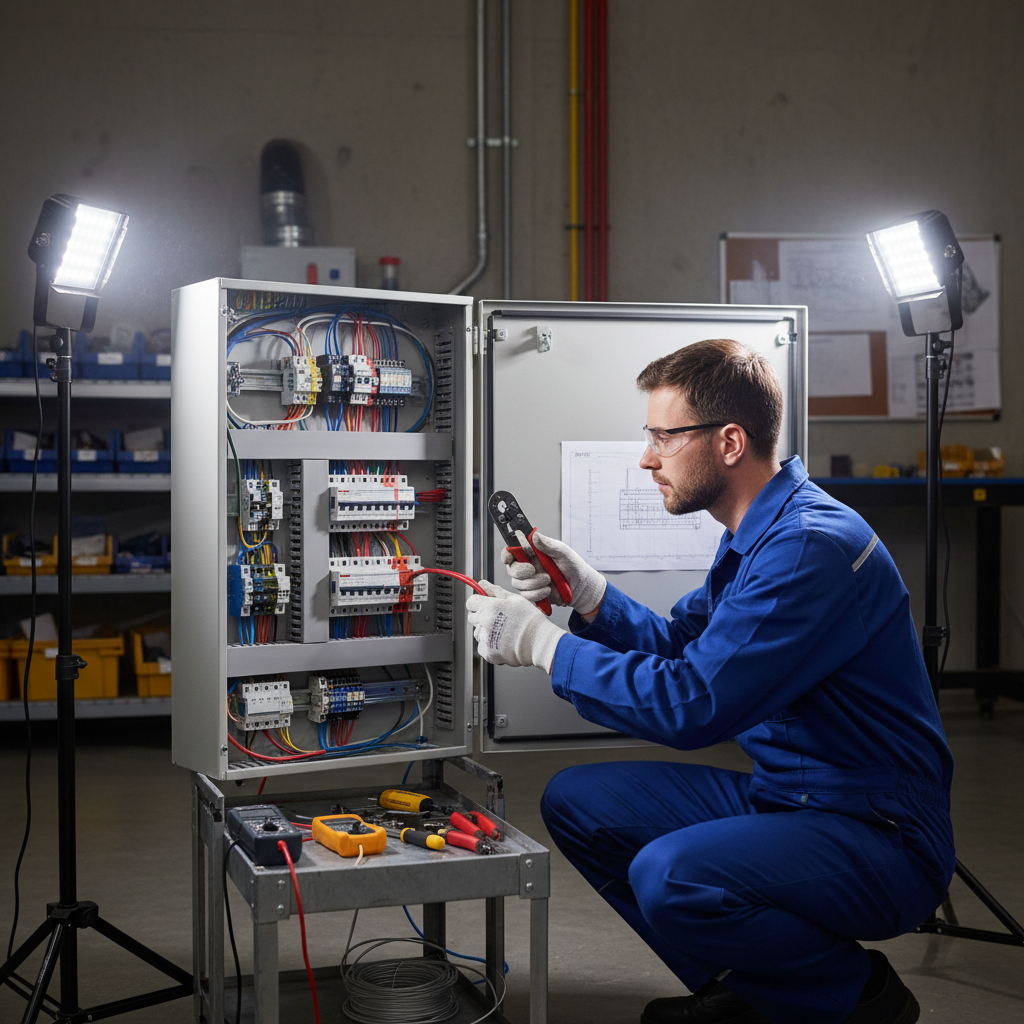 Electrician wiring a panel with professional tools