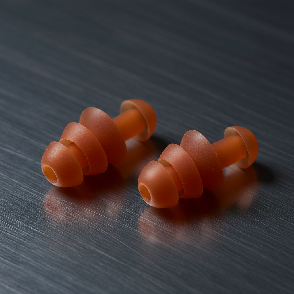 Close-up of industrial triple-flange silicone earplugs on gunmetal surface