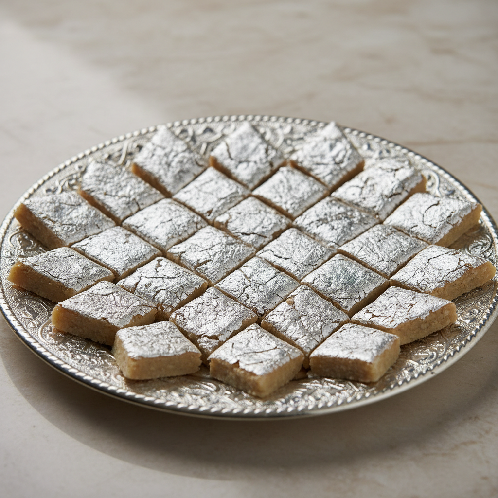 Diamond-shaped silver-coated Kaju Katri cashew sweet on black slate with rose petals