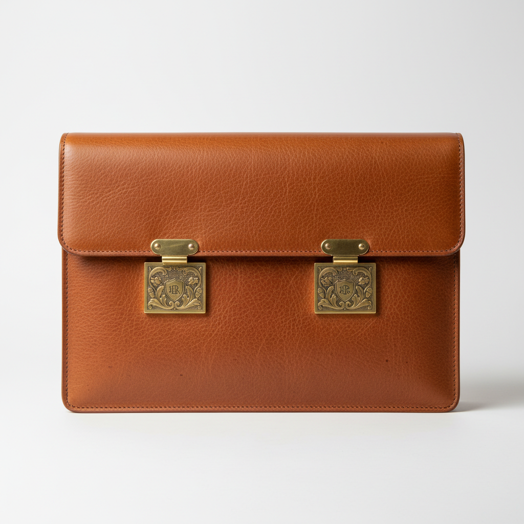 Professional dark leather briefcase with combination lock and hand-stitched handles in warm studio light