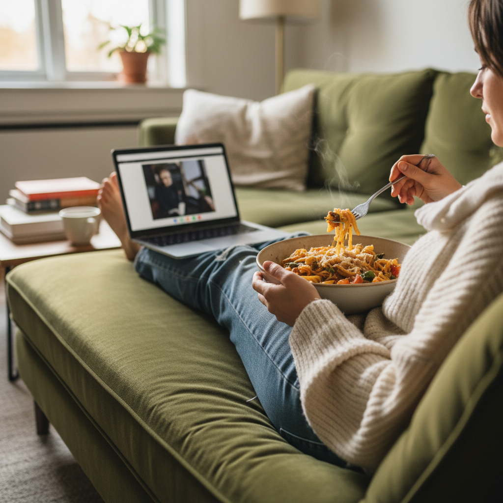 Meal being eaten on couch with laptop open nearby