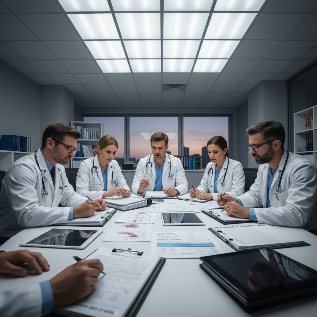 Medical specialist team reviewing patient case files