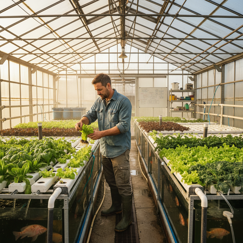 Young Nigerian man tending to seedlings in a greenhouse, bright green plants, warm natural light filtering through
