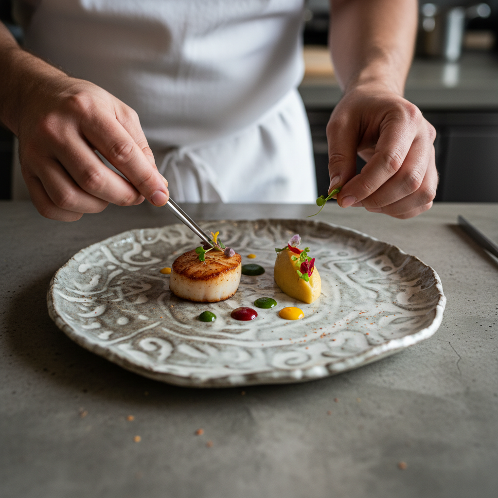 Chef hands precisely arranging garnish on a sculptural plate with concrete table surface visible