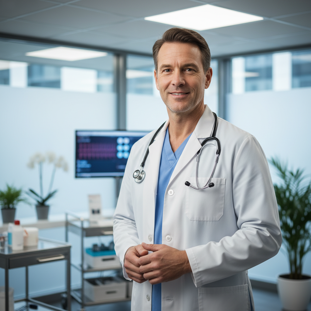 Male general practitioner in white coat, modern clinic hallway, warm lighting