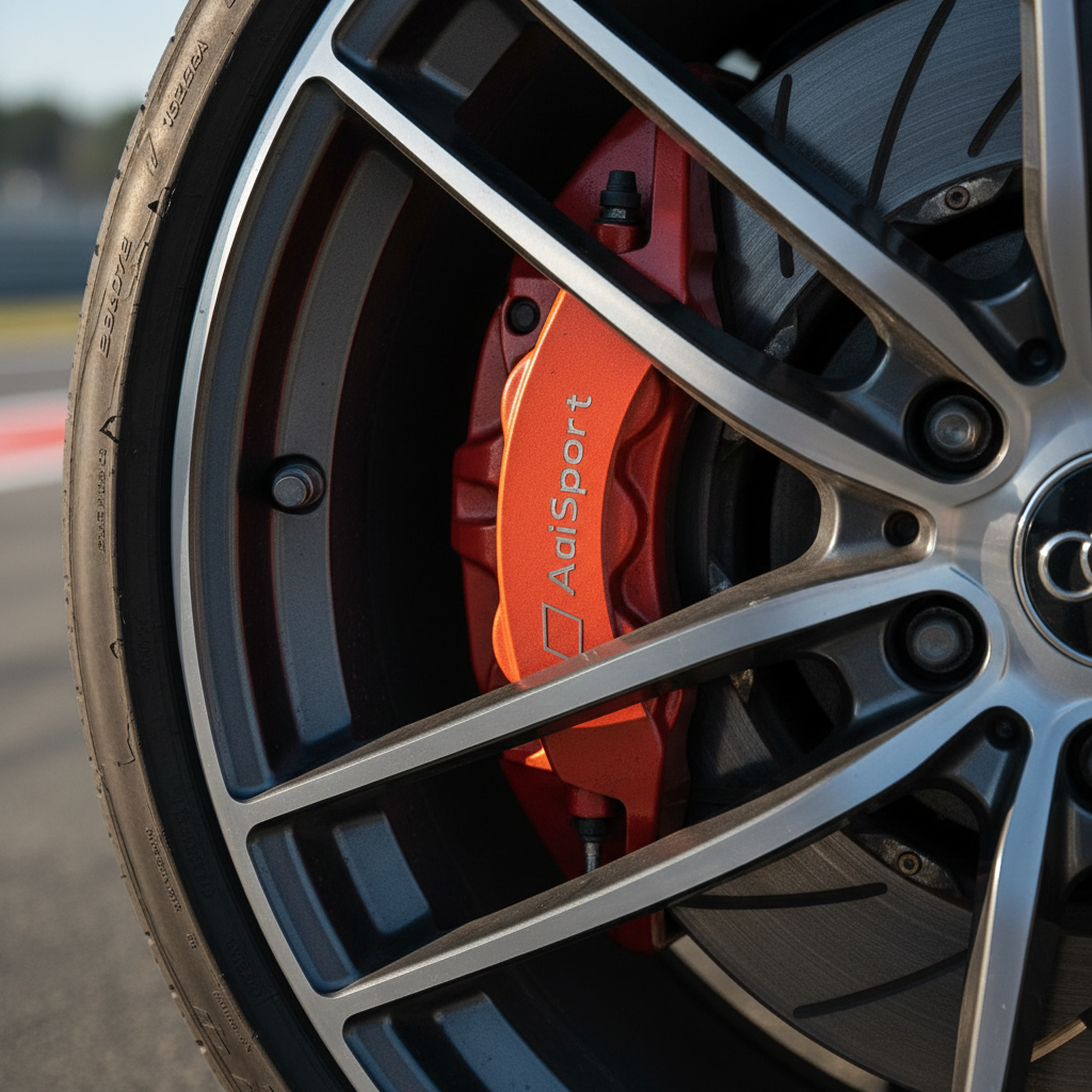 Audi brake caliper glowing orange-red after track use, rotor visible through alloy spoke