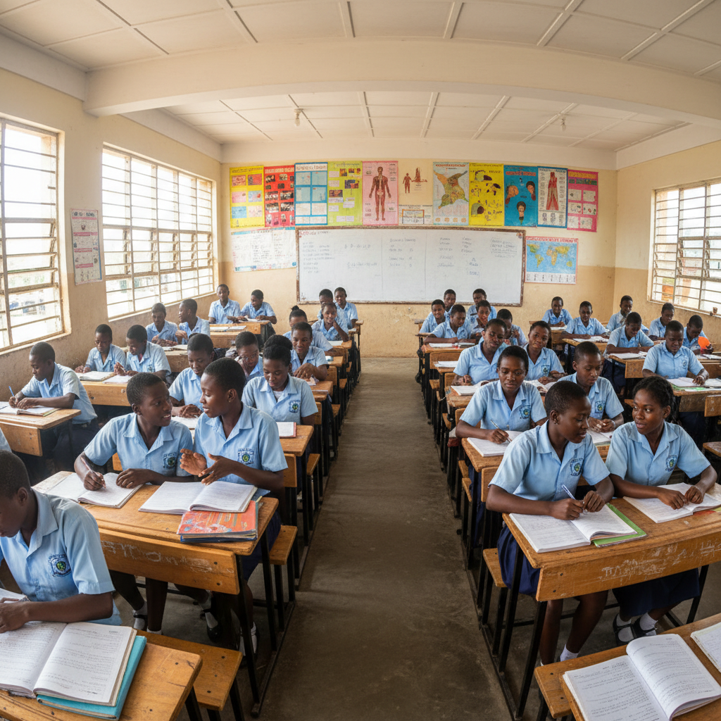 Students in a Cameroonian school, engaged in education, bright and hopeful atmosphere