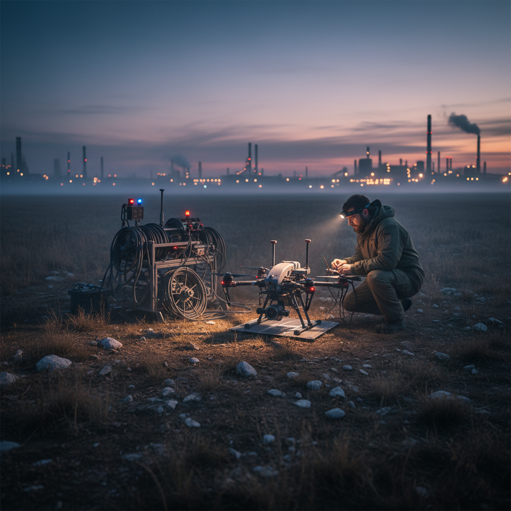 Professional drone operator in field with industrial landscape, dim atmospheric lighting, deep shadows