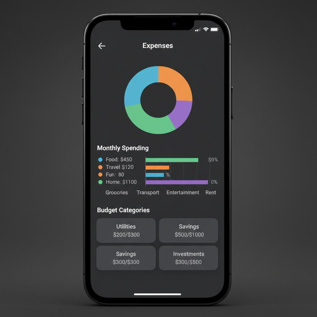 Personal finance app on smartphone showing budget breakdown colorful pie charts and savings goals on bright white background