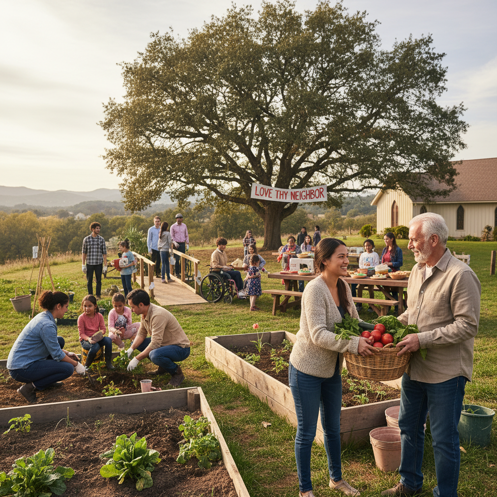 People sharing food at a community garden potluck in warm evening light